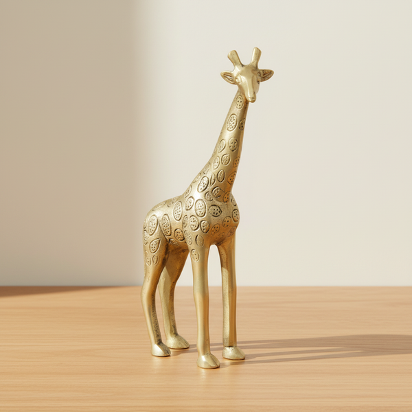 Light gold-brass giraffe figurine displayed on a warm neutral surface