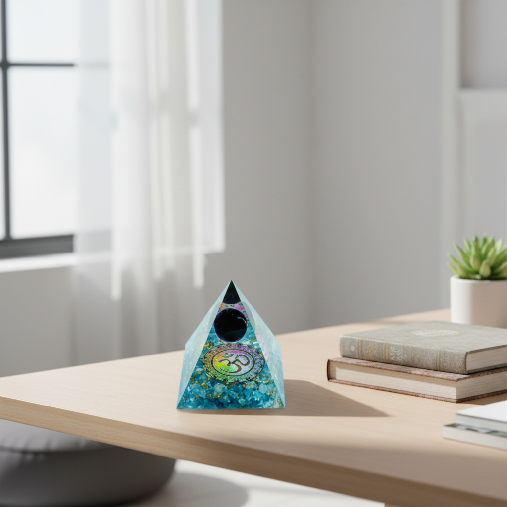 Black Tourmaline crystal pyramid displayed in a meditation and workspace setting