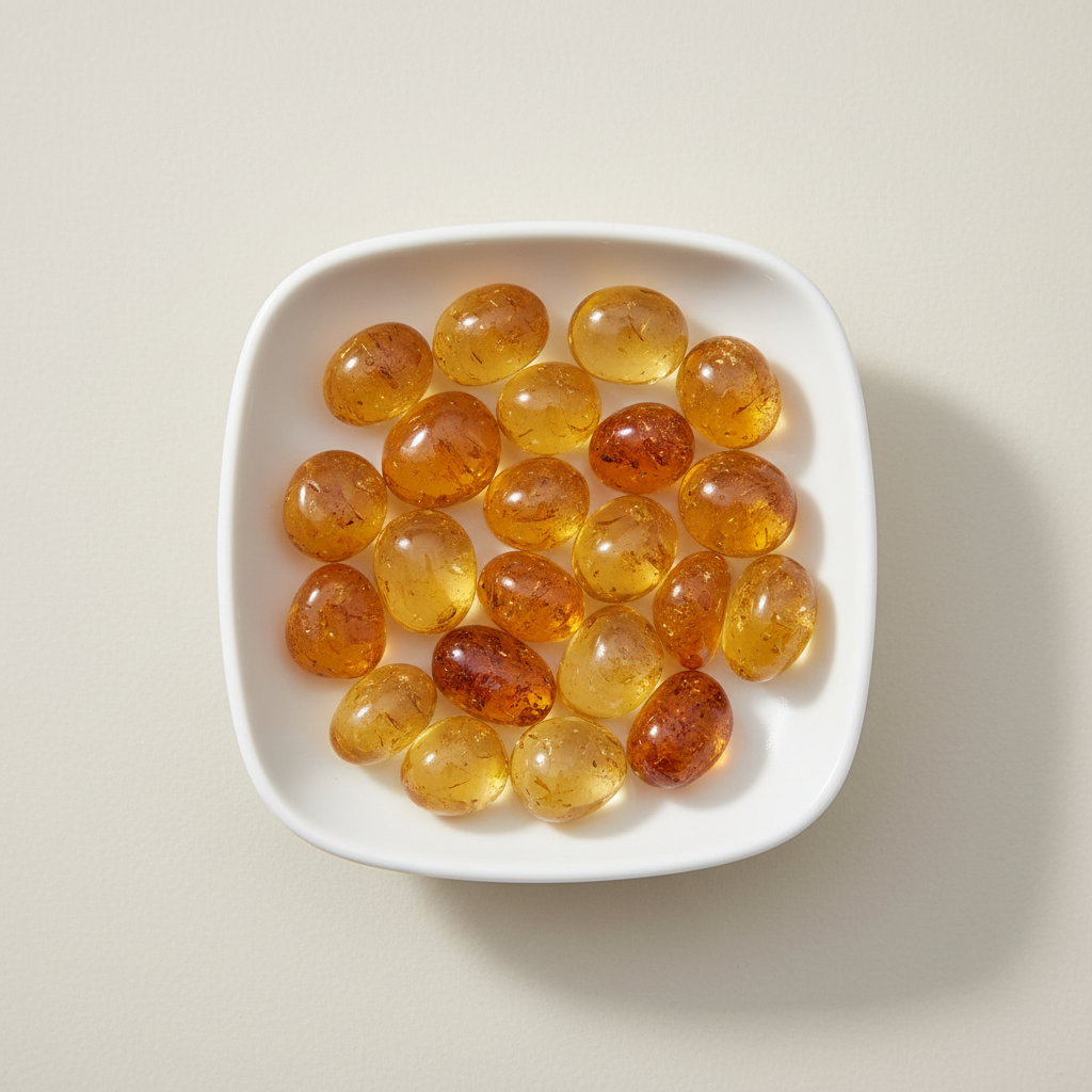 Citrine tumble stones arranged in a white ceramic dish