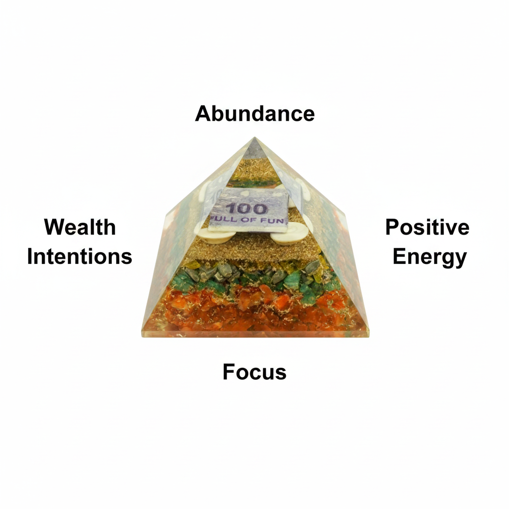 Money Pyramid with wealth intentions, abundance, positive energy and focus labels