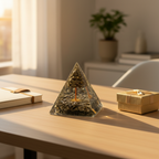 Triangular Pyrite money-tree crystal pyramid displayed on a home-office desk beside a notebook and gift box
