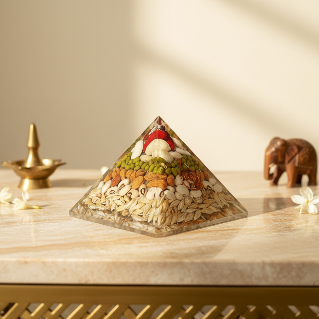 Annapurna prosperity pyramid displayed in a warm devotional setting