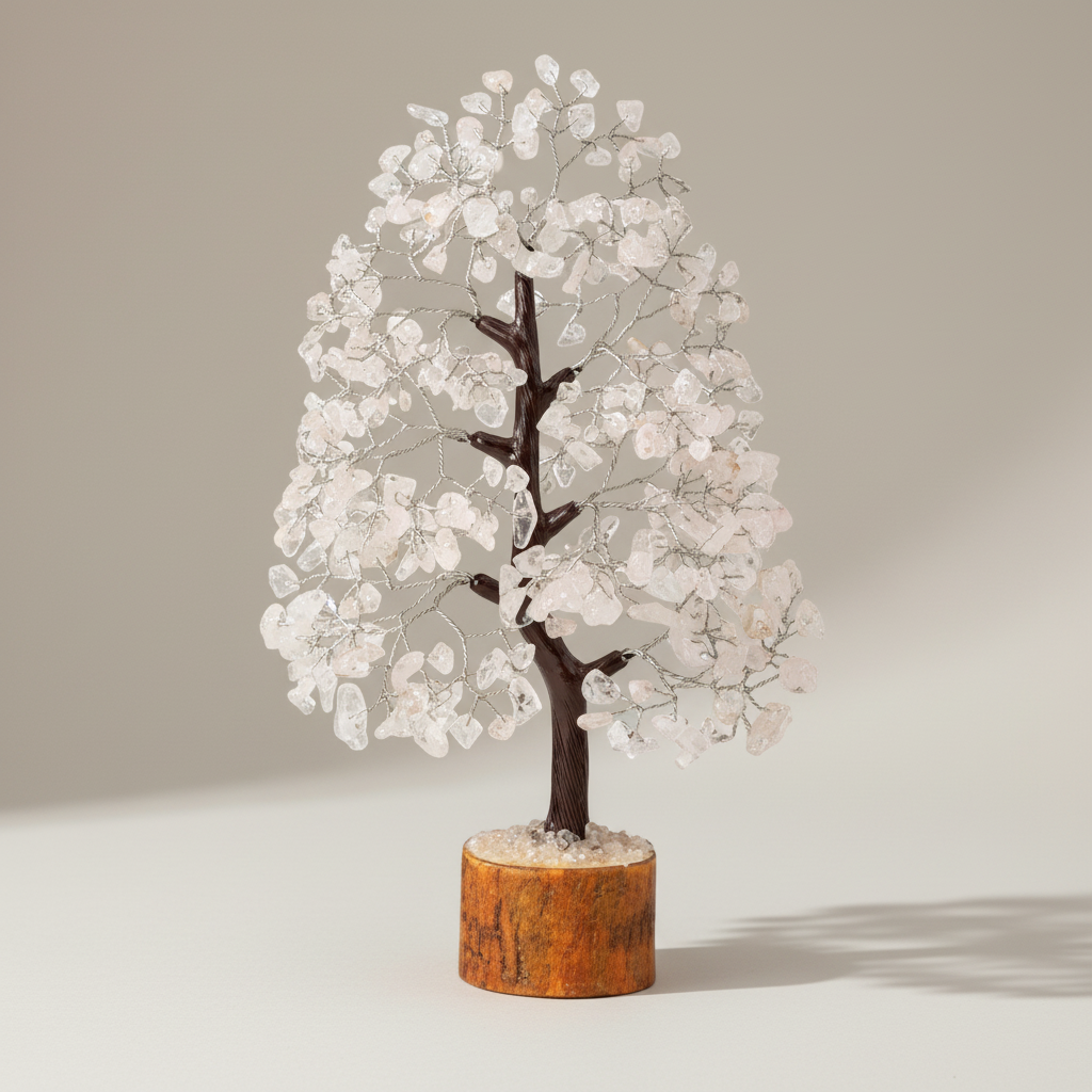 Clear Quartz crystal tree with translucent white chips, dark branches, and a wood base on a neutral background