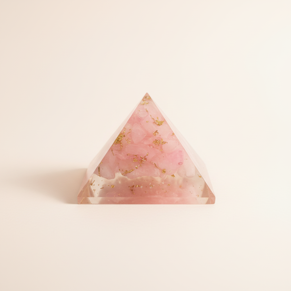 Front view of a soft pink Rose Quartz crystal pyramid on a warm white background