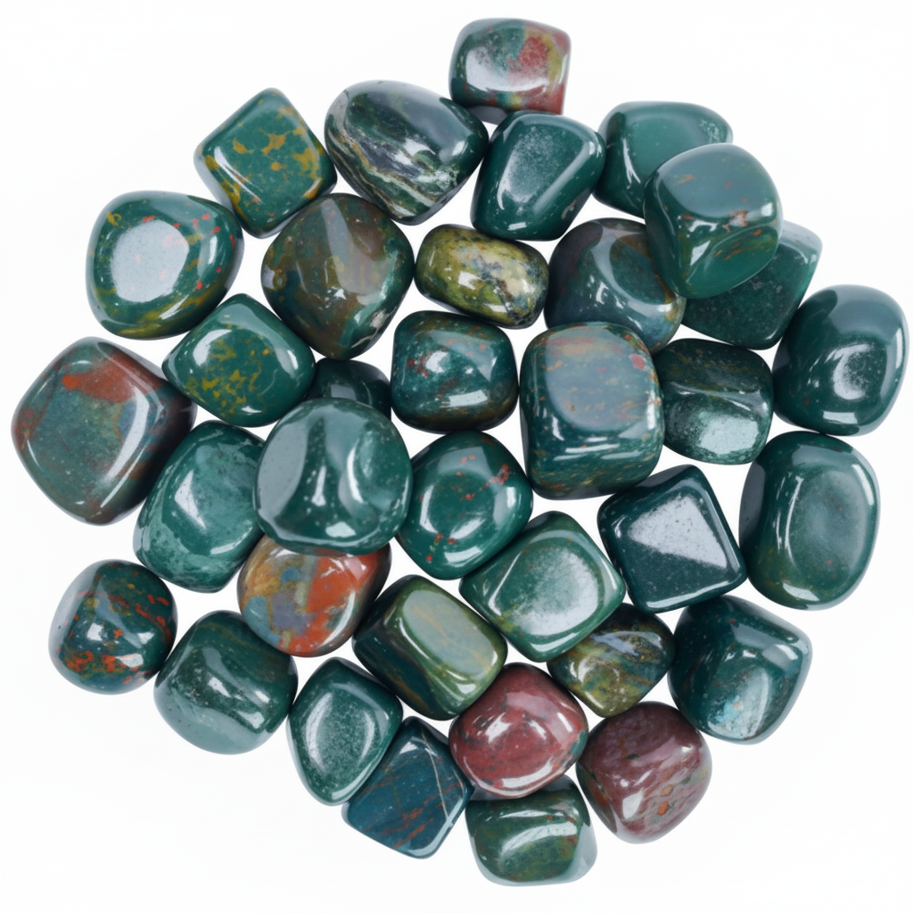 Close-up arrangement of Bloodstone tumble stones on a light background