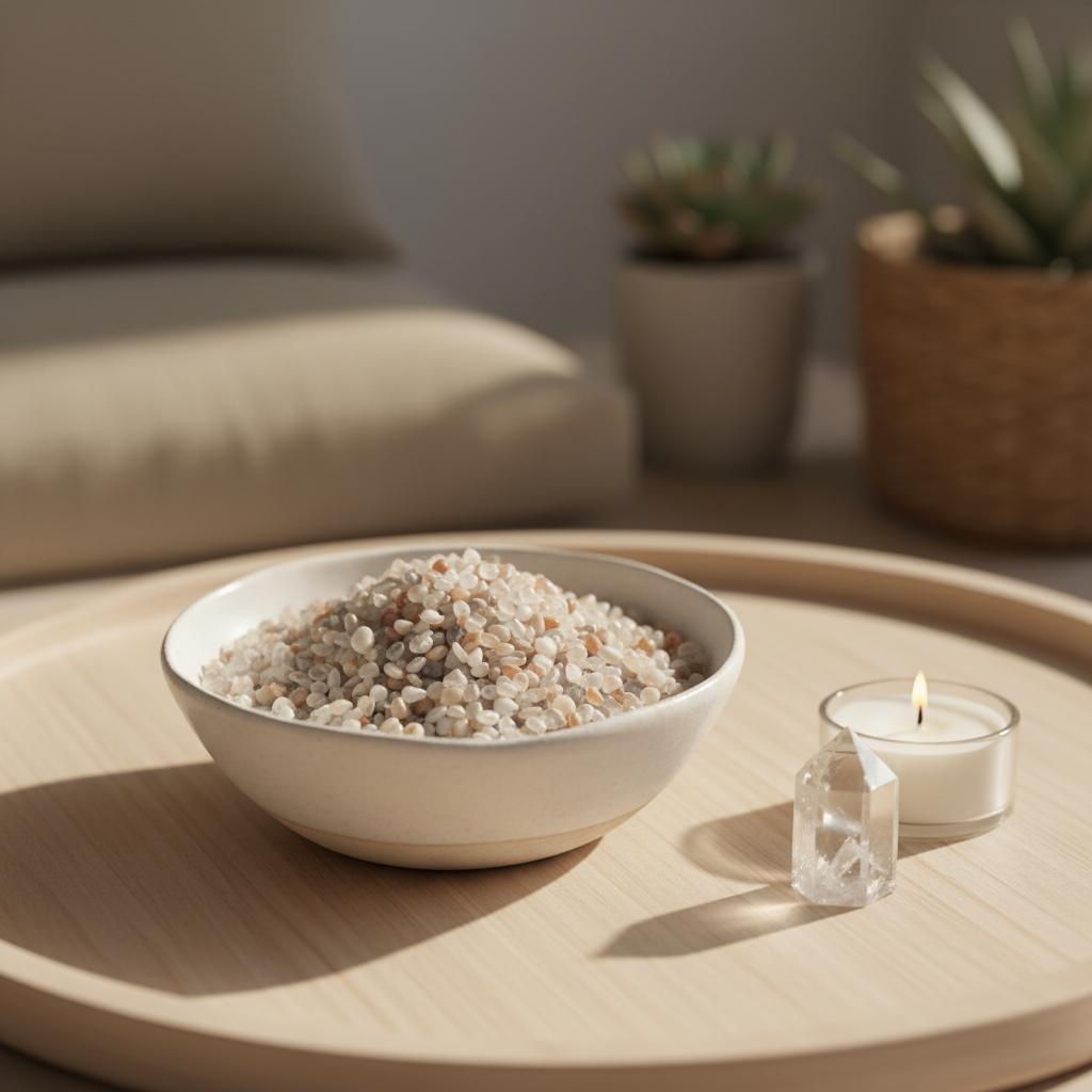 Multi-Moonstone Crystal Chips in a ceramic bowl in a calm spiritual home setting