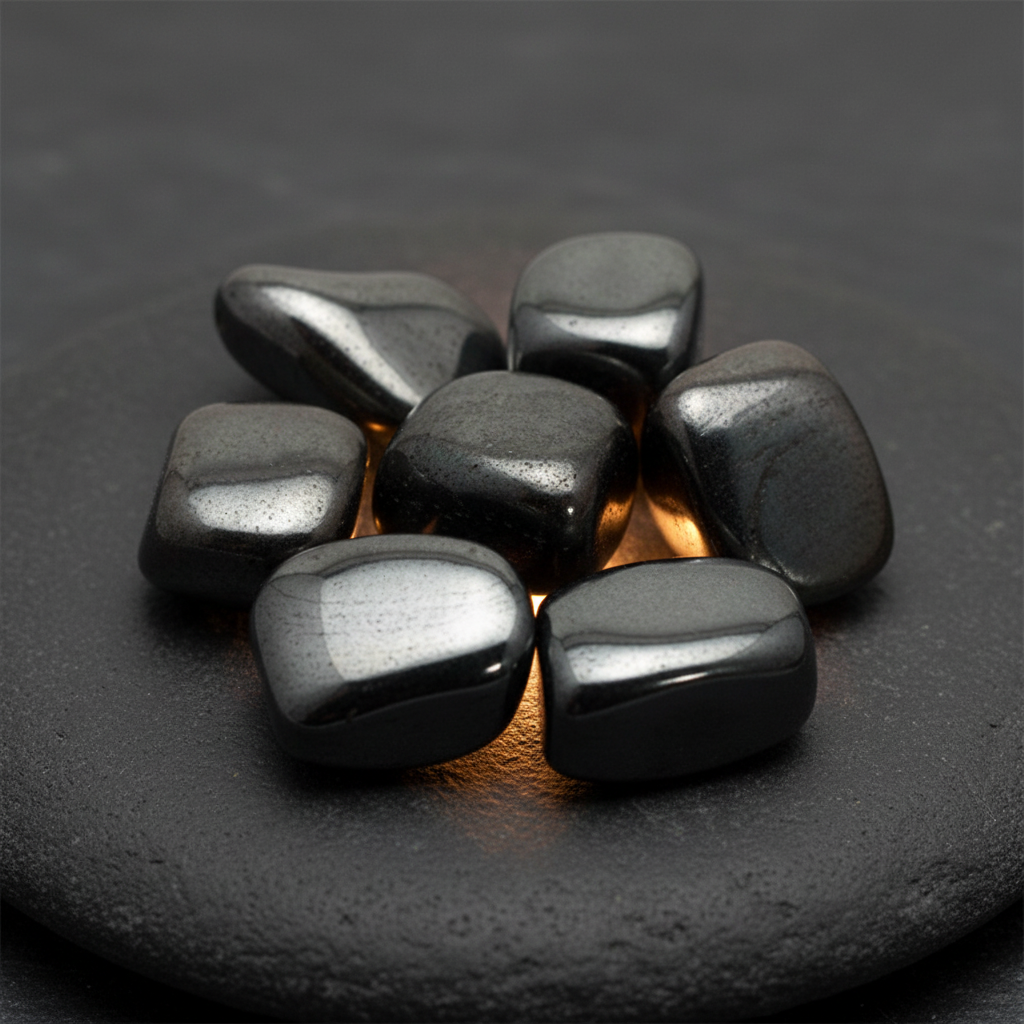 Polished hematite tumble stones arranged on a charcoal stone surface
