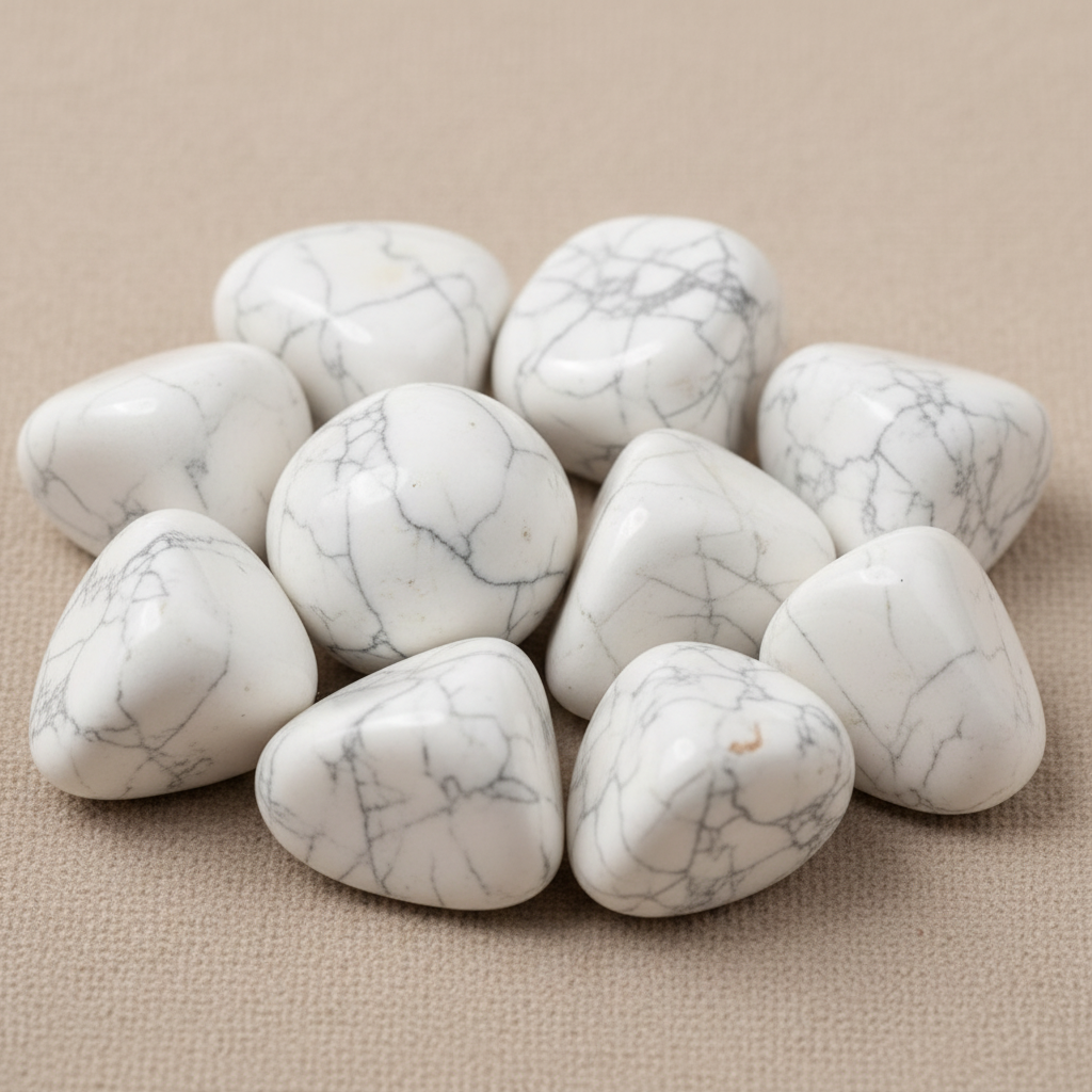 Close-up of smooth polished Howlite tumble stones with natural grey veining