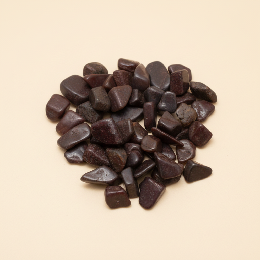 Polished Red Agate tumble stones arranged on an ivory studio background