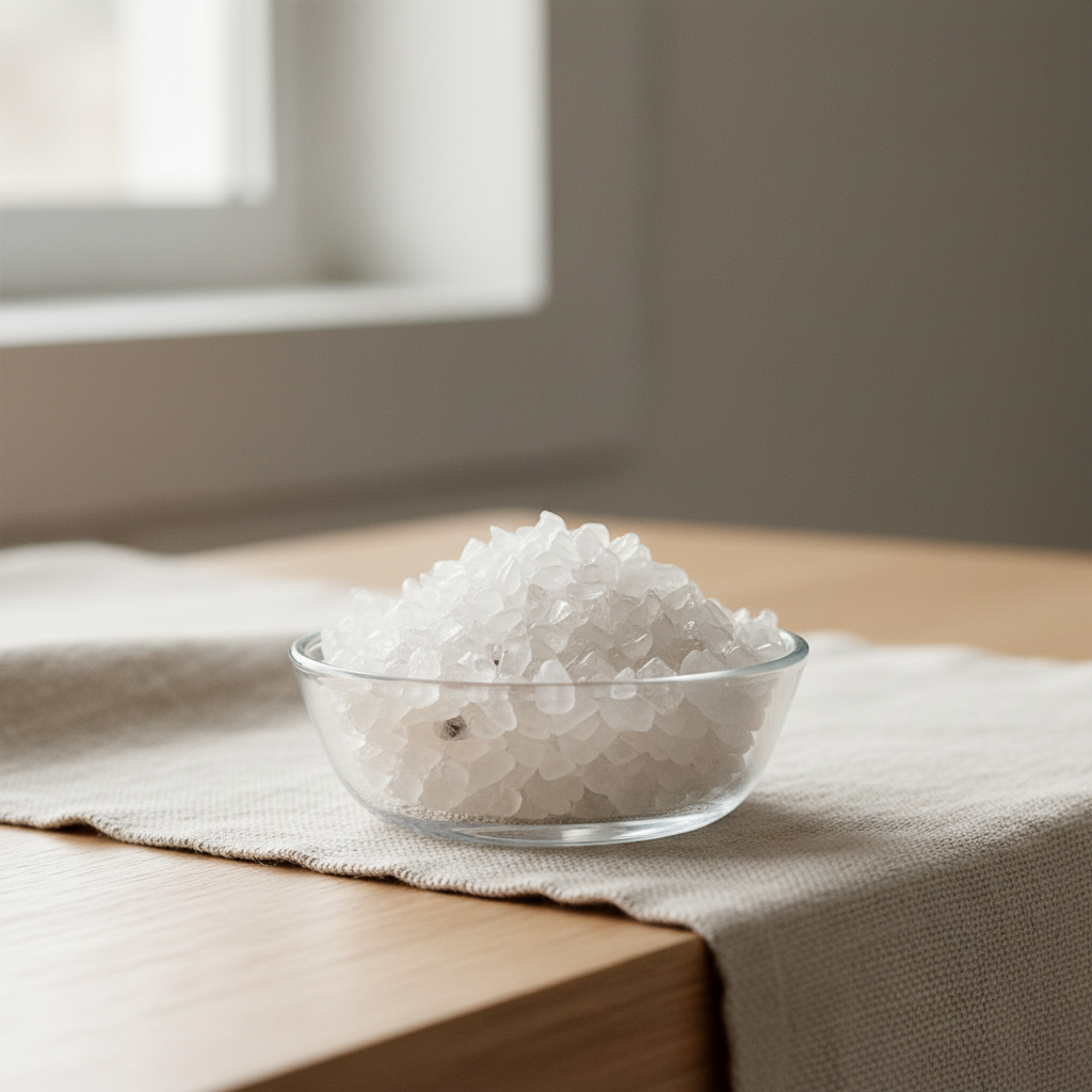 Translucent Clear Quartz crystal chips displayed in a glass dish in a calm home setting