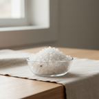Translucent Clear Quartz crystal chips displayed in a glass dish in a calm home setting