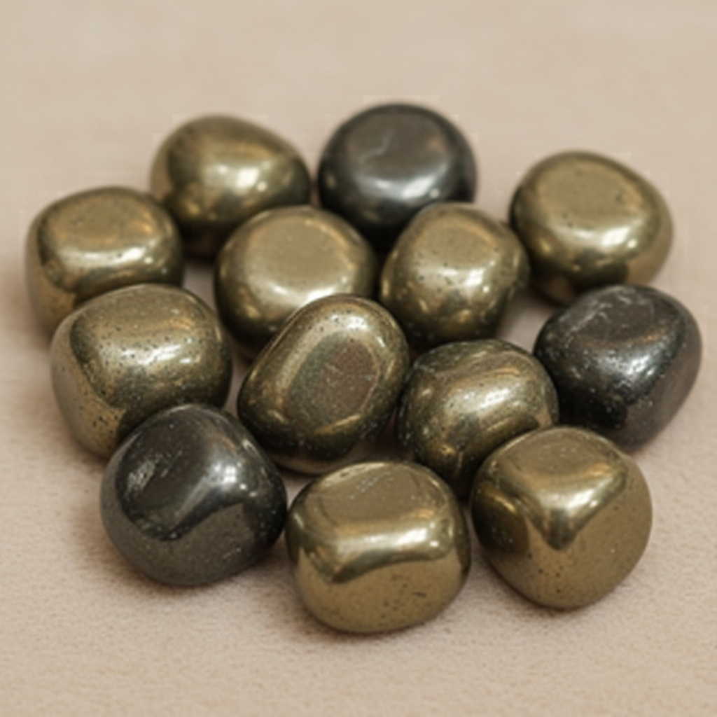 Close-up of smooth polished Pyrite tumble stones with warm metallic reflective surfaces