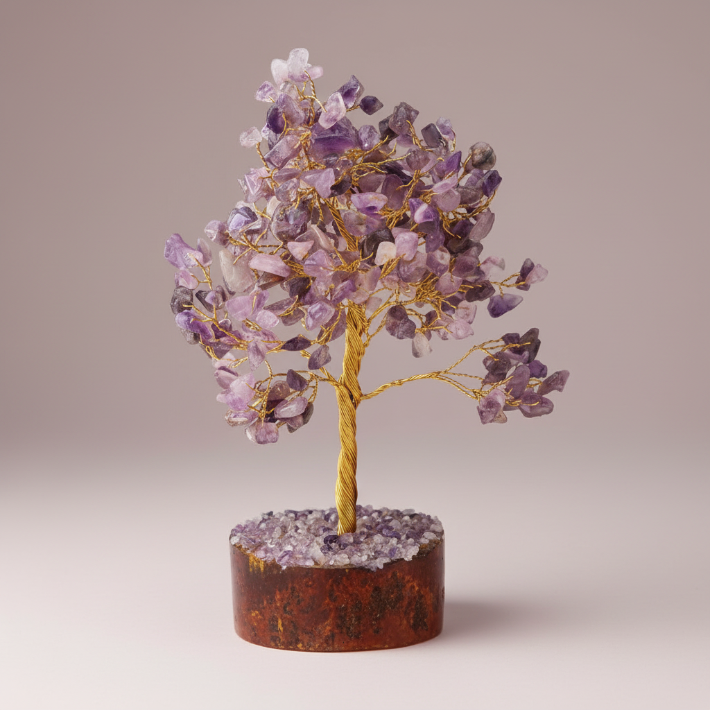 Close three-quarter view of an Amethyst crystal tree with purple chips and golden branches