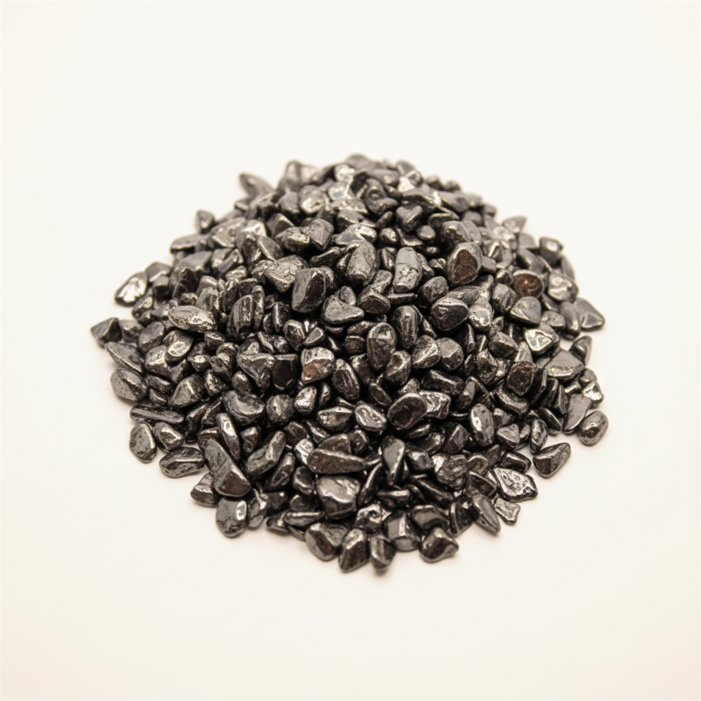 Close-up pile of Hematite crystal chips on a light background