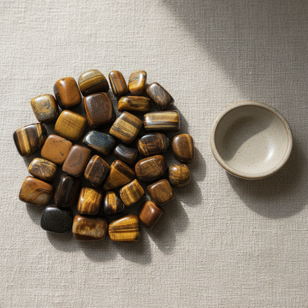Polished Tiger's Eye tumble stones arranged on a neutral linen surface