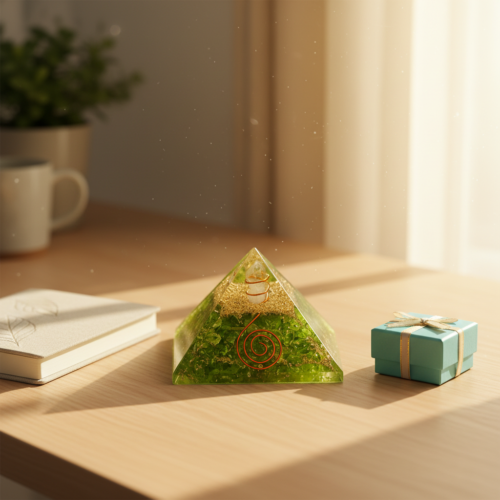 Green Peridot crystal pyramid displayed on a warm desk beside a notebook and gift box