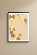 Hexagon honeycomb painting poster displayed in a warm neutral studio setting
