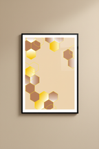 Hexagon honeycomb painting poster displayed in a warm neutral studio setting