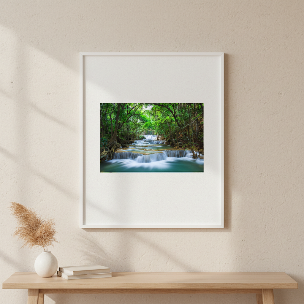 WATERFALL forest landscape poster displayed in a bright neutral interior