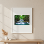 WATERFALL forest landscape poster displayed in a bright neutral interior