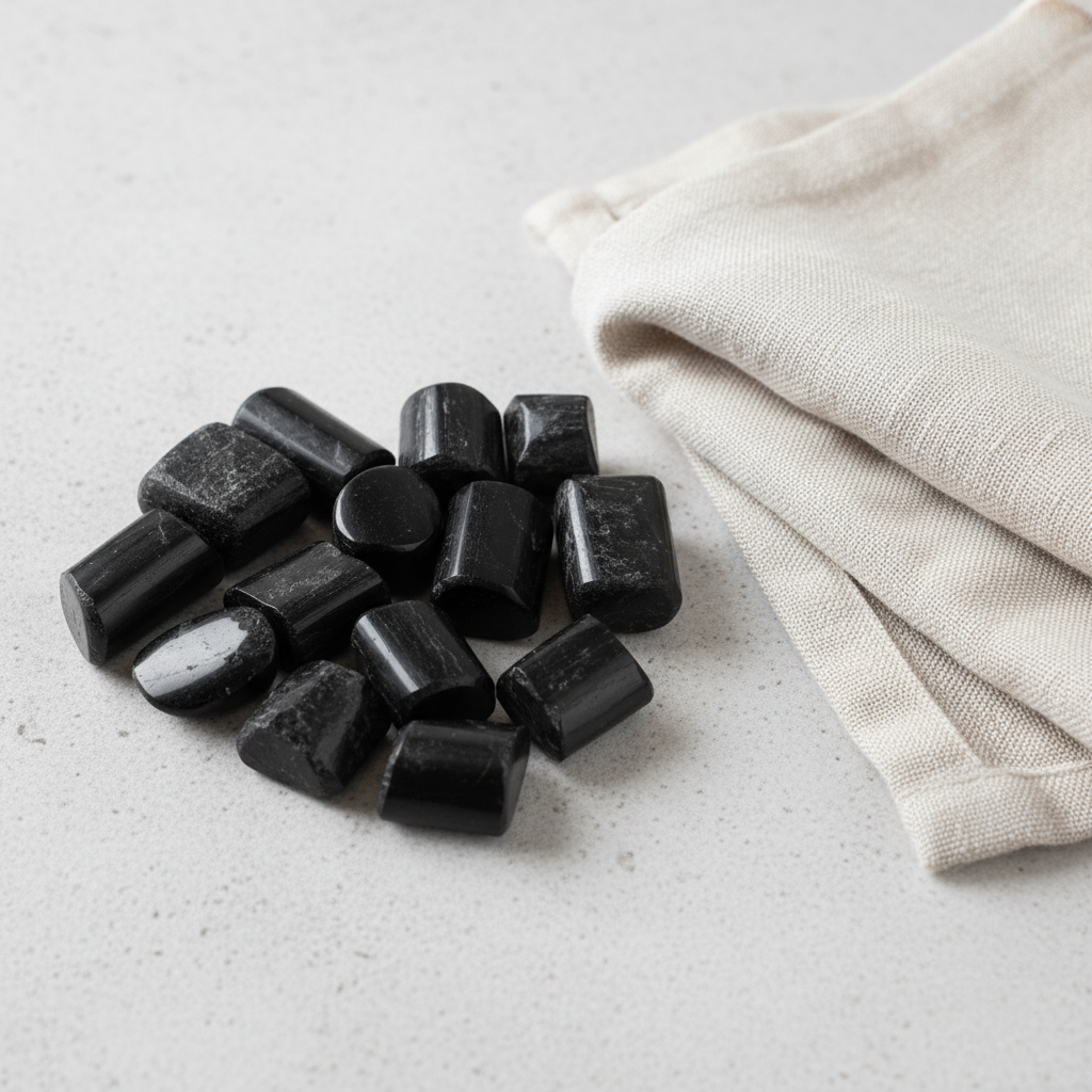 Black Tourmaline tumble stones arranged with neutral linen décor